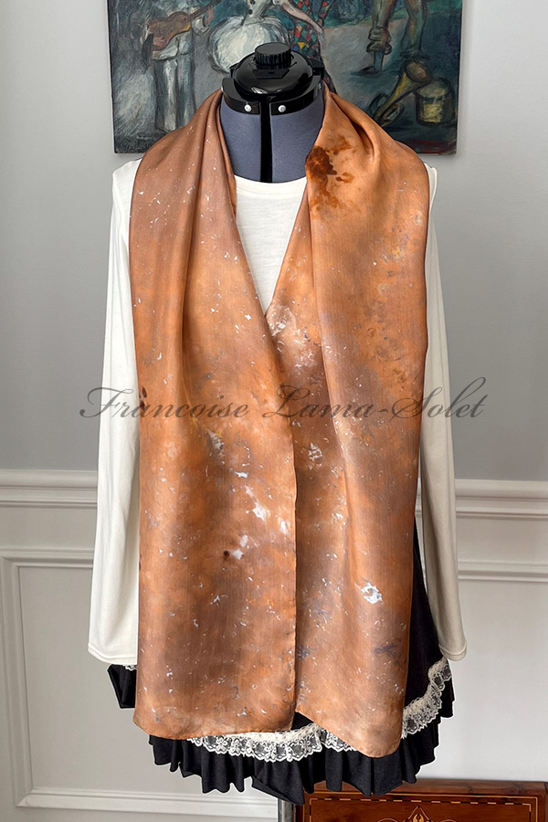Women's wearable art habotai silk scarf hand ice dyed with beautiful shades of brown and copper - Hazelnut
