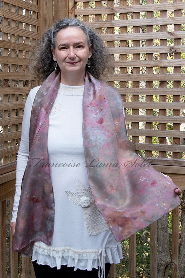 Women's wearable art lightweight fashionable fall silk scarf hand dyed in different shades of taupe, purple, rush, pink - Heather