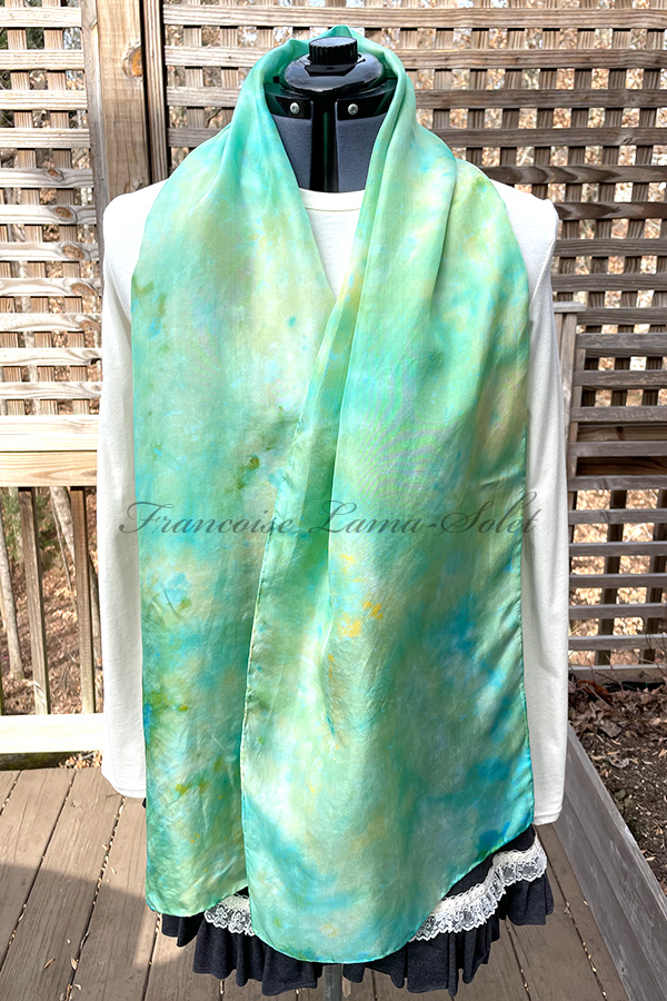 Women's wearable art ice dyed silk scarf hand dyed with lime green, jade green, aqua and yellow shades - Jade