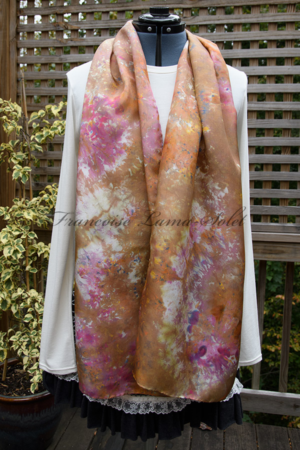 Women's wearable art habotai silk scarf hand ice dyed with beautiful shades of brown and pink  with speckles of blue, orange and yellow - Josephine