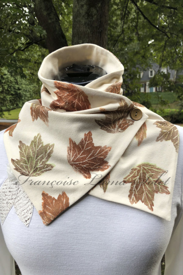 Cute Ivory button neck scarf wrap hand printed with autumn leaves and handmade with cotton jersey – Leaves in the Fall