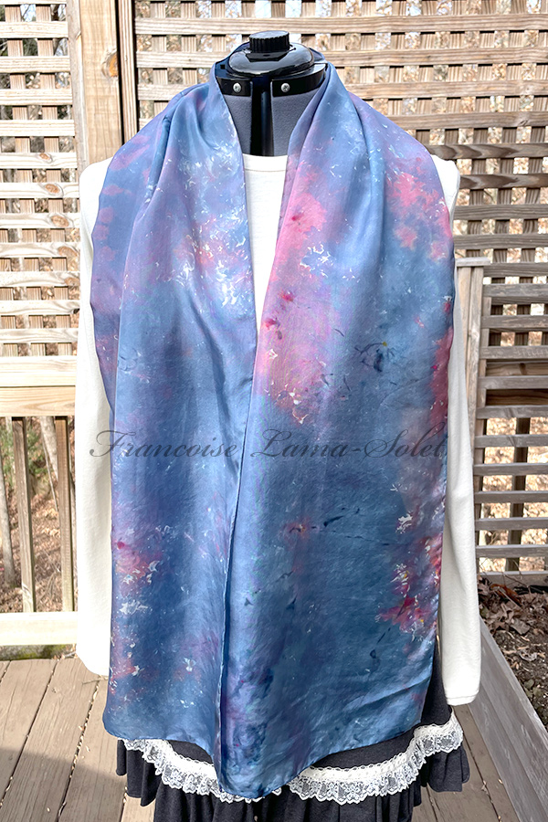 Women's wearable art spring summer silk scarf hand dyed in the shades cobalt blue and pink - Madeline