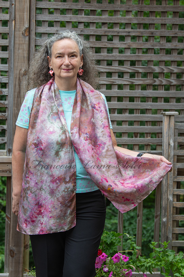 Women's wearable art habotai silk scarf hand ice dyed with beautiful shades of pink, copper and olive with speckles of blue and yellow - Maggie