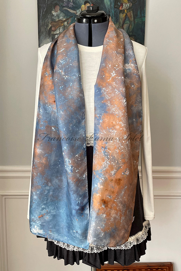 Women's wearable art long silk scarf hand dyed in the shades cobalt blue and brown - Manon
