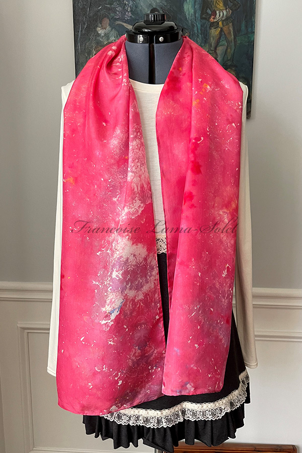 Women's colorful wearable art lightweight summer silk scarf hand dyed in hot pink with hints of lavender - Pomegranate