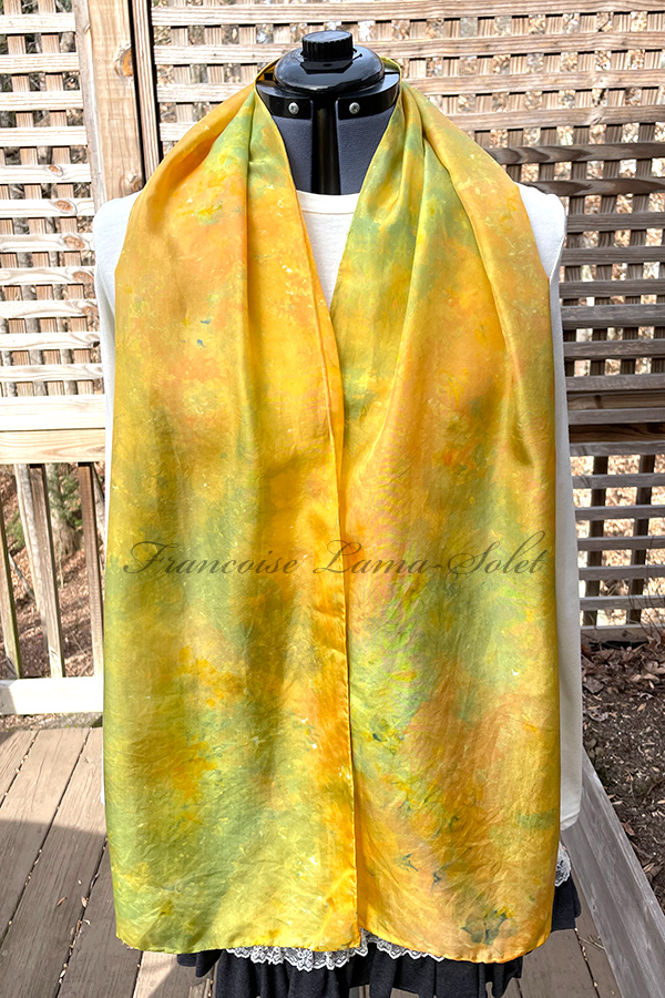 Women's wearable art fall silk scarf hand dyed in the shades orange, yellow and green - Pumpkin