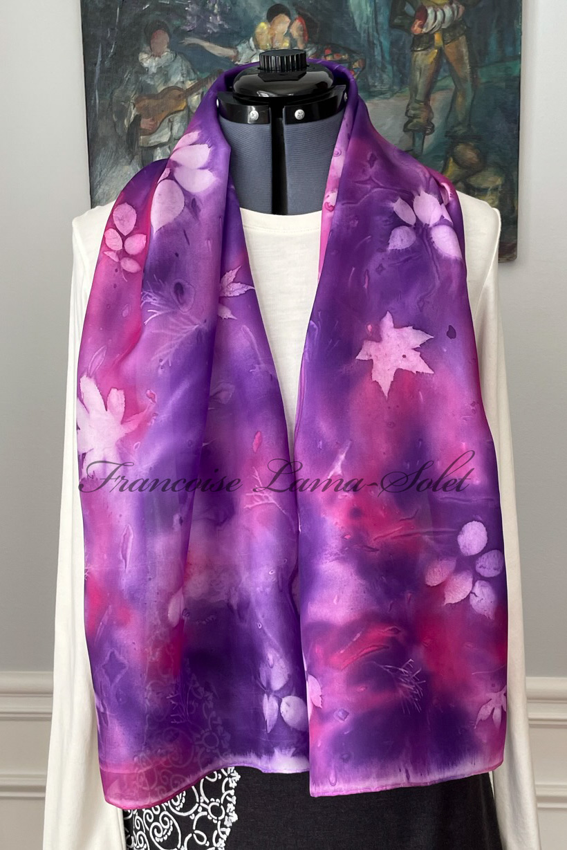 Women's wearable art lightweight summer art silk scarf hand painted in the shades purple and hot pink and sun printed with leaves - Purple Dream