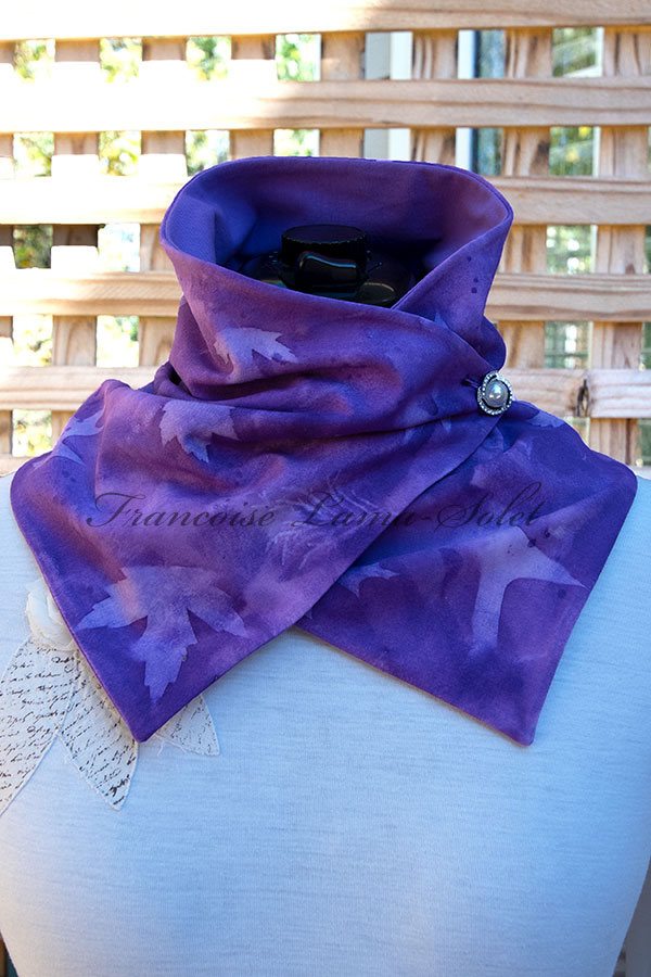 Women's wearable art purple button neck warmer scarf handmade, hand painted and sun printed with leaves - Purple Dream
