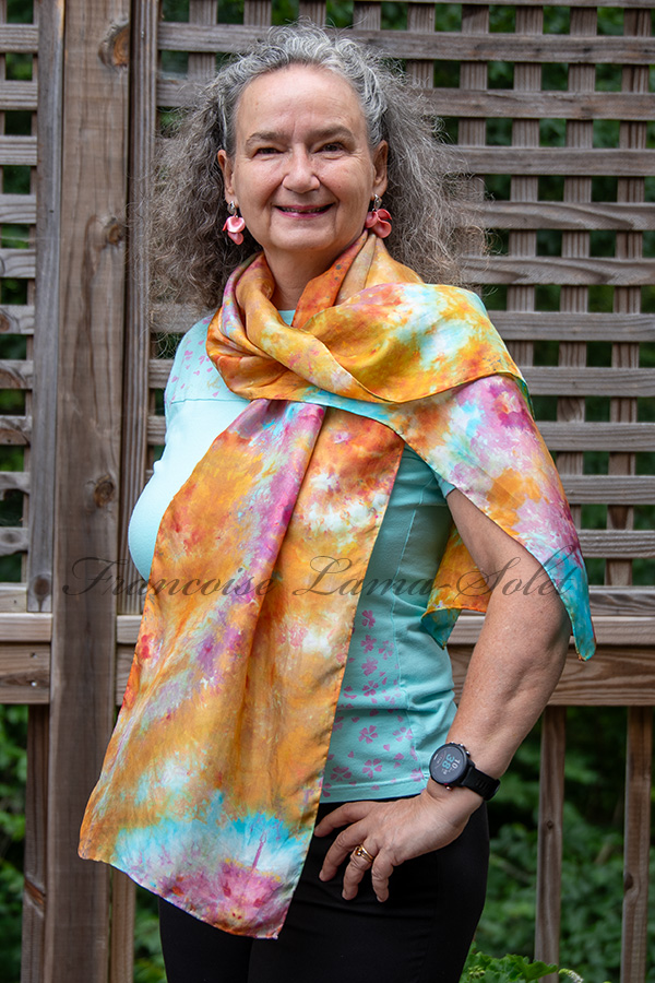 Women's wearable art ice dyed long silk scarf hand dyed with different shades of orange, turquoise, pink and yellow - Rainbow