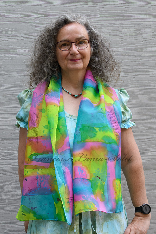 Women's wearable art lightweight summer silk scarf hand painted in different shades of turquoise, hot pink, lime green and hand printed with daisies and hummingbirds - Rainbow