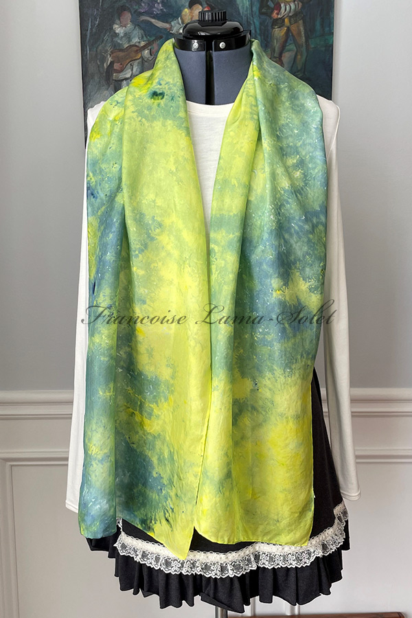 Women's wearable art ice dyed cobalt blue, green and yellow long hand dyed silk scarf - River