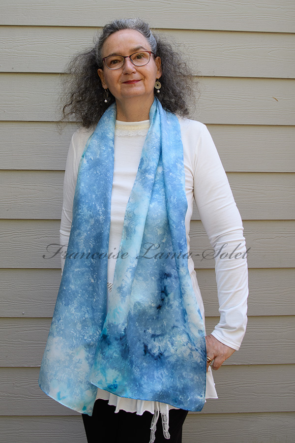 Women's wearable art long silk scarf hand dyed in the shades cobalt blue, turquoise and light blue - Shades of Blue