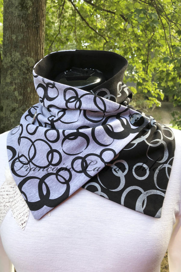 Womens asymmetrical black and grey button neck scarf hand printed with a modern and urban bubble print – Silver and Black Bubbles