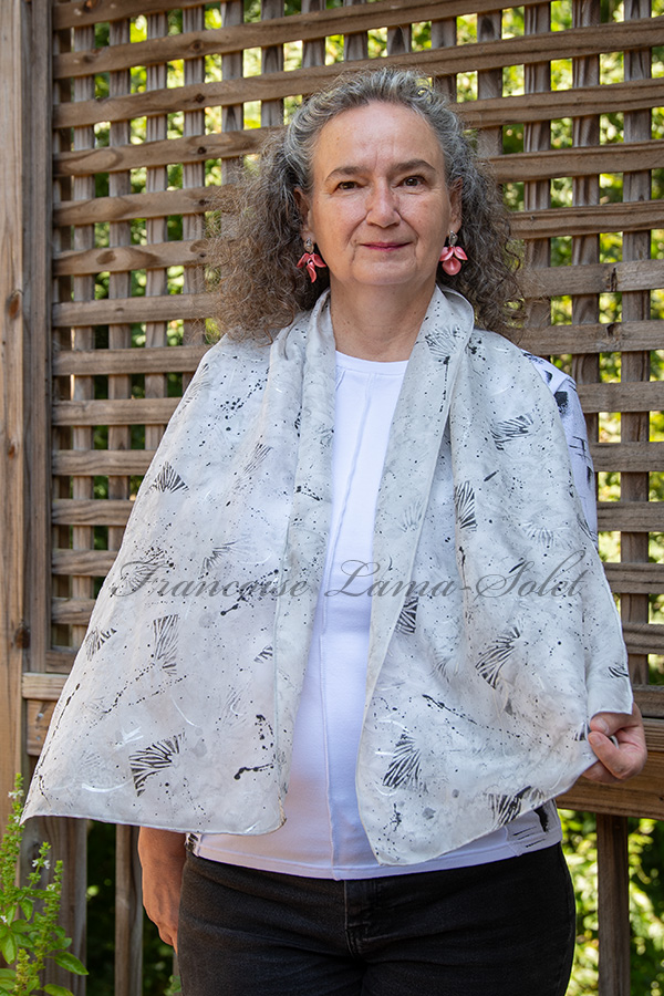 Women's art silk scarf hand painted with gray and black and hand printed with a black abstract pattern - Silver