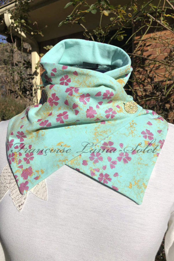 Fashion button neck scarf handmade with seafoam green cotton and hand painted with gold pattern and pink cherry blossoms – Spring in Bloom