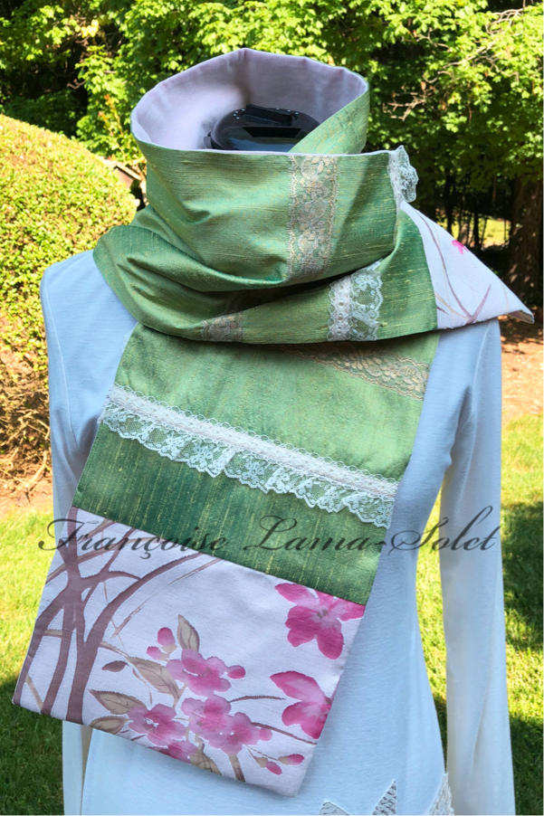Women's artsy elegant romantic spring summer patchwork lime green pink floral lace silk scarf Spring
