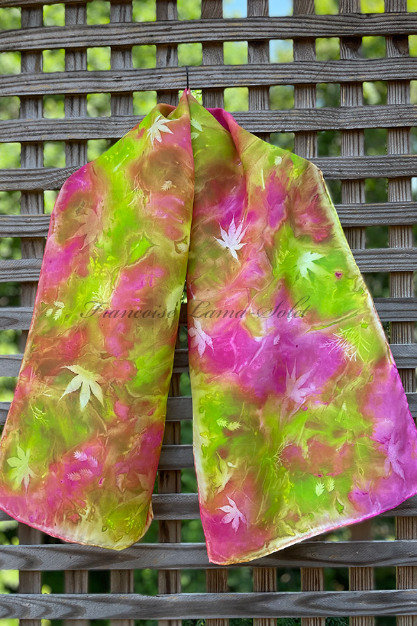Women's wearable art lightweight silk scarf hand painted in different shades of pink and green and sun printed with natural leaves - Springtime