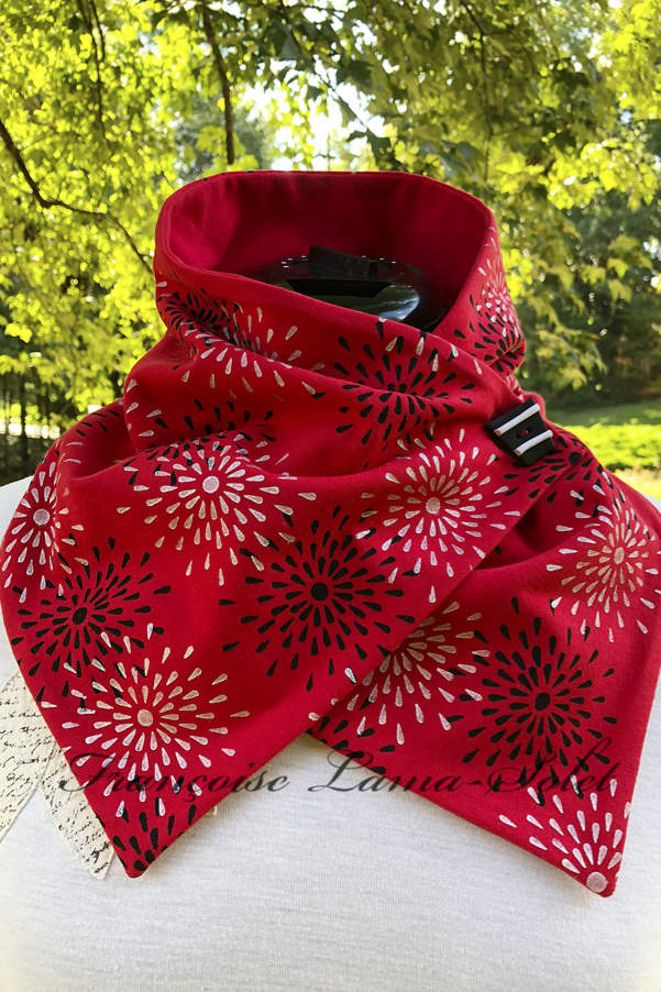 Art to wear stylish button neck warmer scarf handmade with red cotton lycra and hand printed with stars – Star Ruby