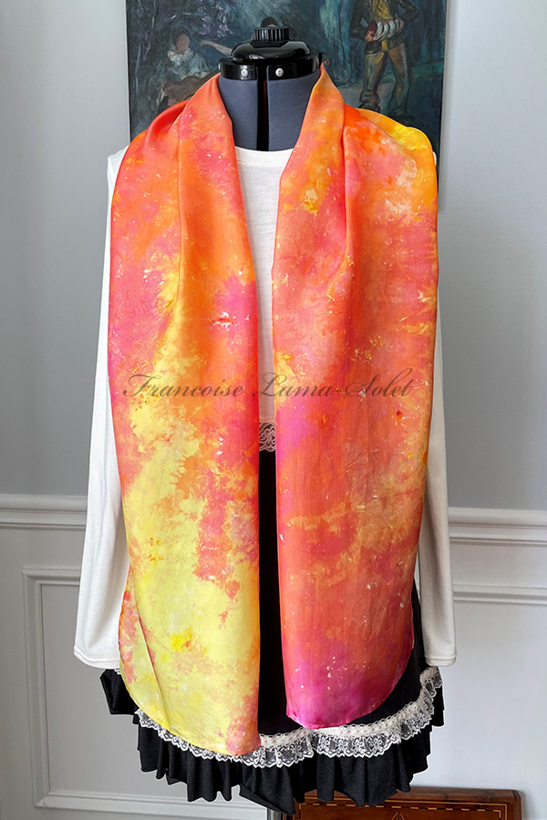Women's colorful wearable art lightweight summer silk scarf hand dyed in the shades orange, fuschia and yellow - Summer Days #1