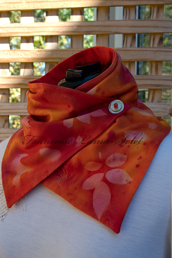 Women's wearable art unique colorful orange, yellow and pink fashion button neck scarf, handmade, hand painted and sun printed with leaves – Summer Explosion