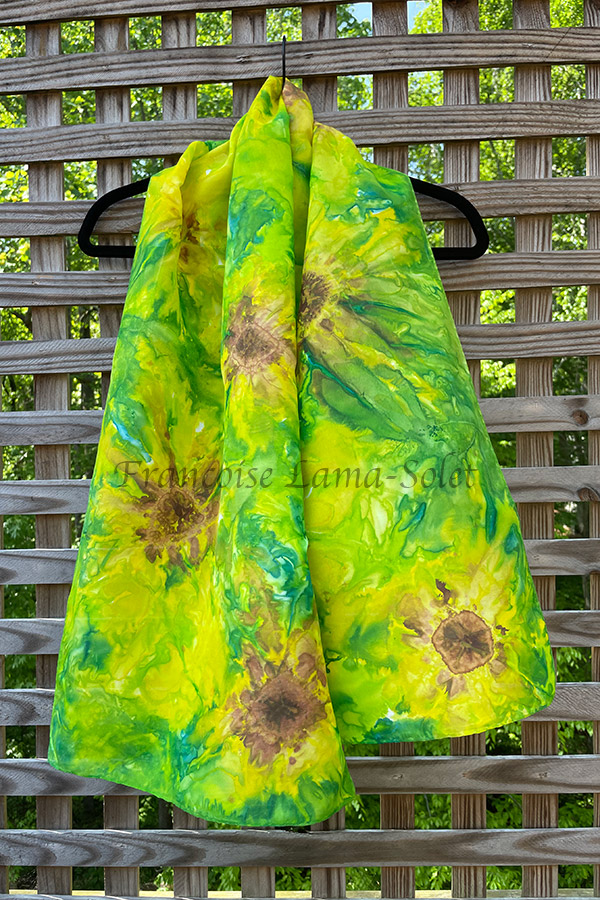Women's wearable art lightweight silk scarf hand painted with sunflowers in different shades of green, yellow and turquoise - Sunflowers