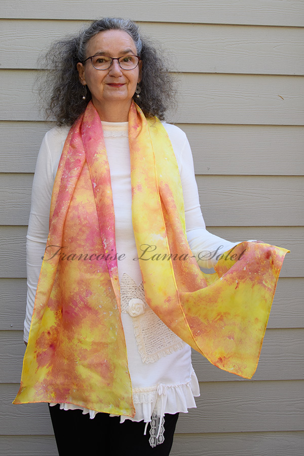 Women's colorful wearable art lightweight summer silk scarf hand dyed in the shades yellow, orange and pink - Sunset