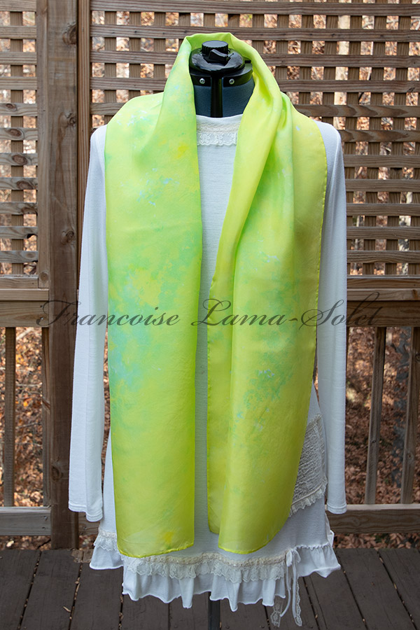 Women's wearable art ice dyed yellow long silk scarf hand dyed with some shades of lime green and aqua - Sunshine