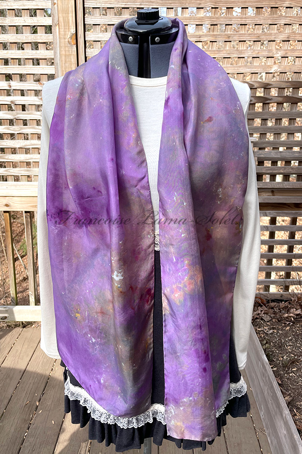Women's wearable art tie dye silk scarf hand dyed in the shades purple, lavender and white - Violette