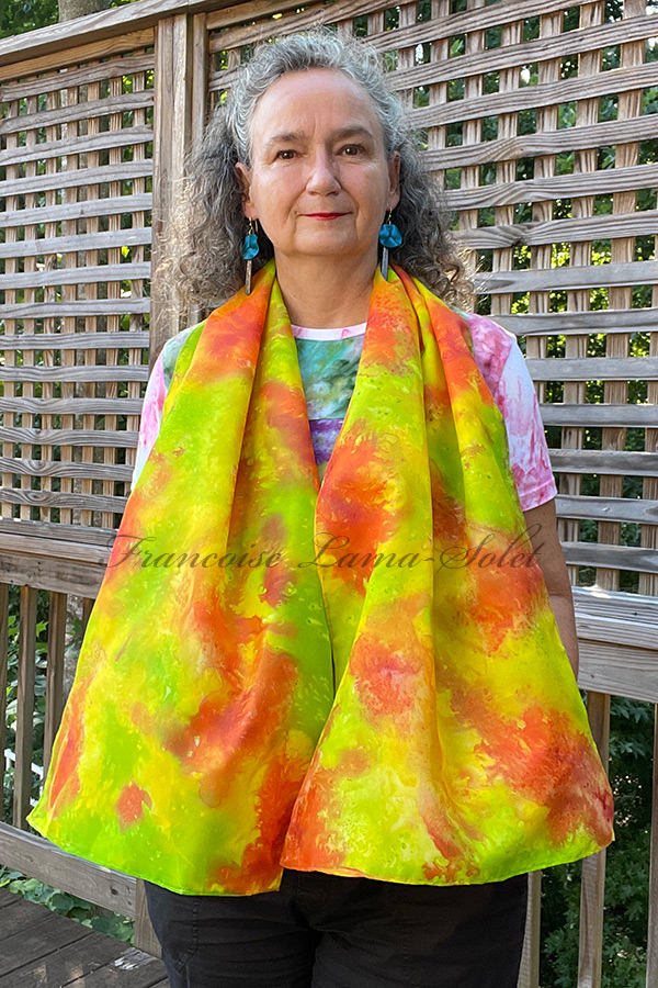 Women's colorful wearable art silk scarf hand painted with a watercolor abstract floral  painting in different shades of yellow, orange and green - Watercolor Garden