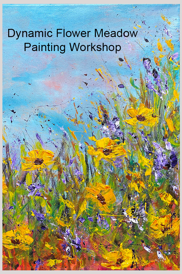 Contemporary impressionist painting workshop of a landscape and flower meadow by Francoise Lama-Solet