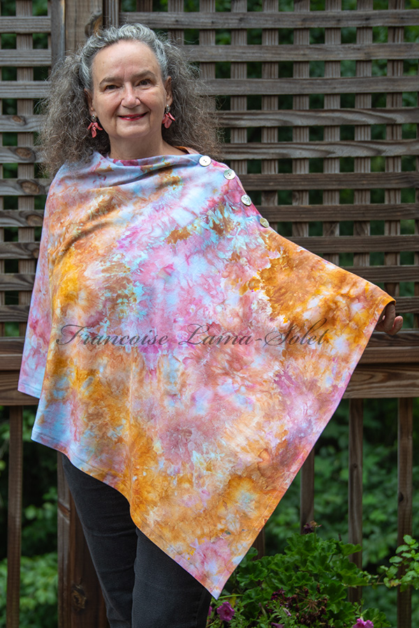 Women's pink, orange and blue hand dyed tie dye warm and cozy fall winter Button Shawl Wrap, poncho cover up - Alyssa