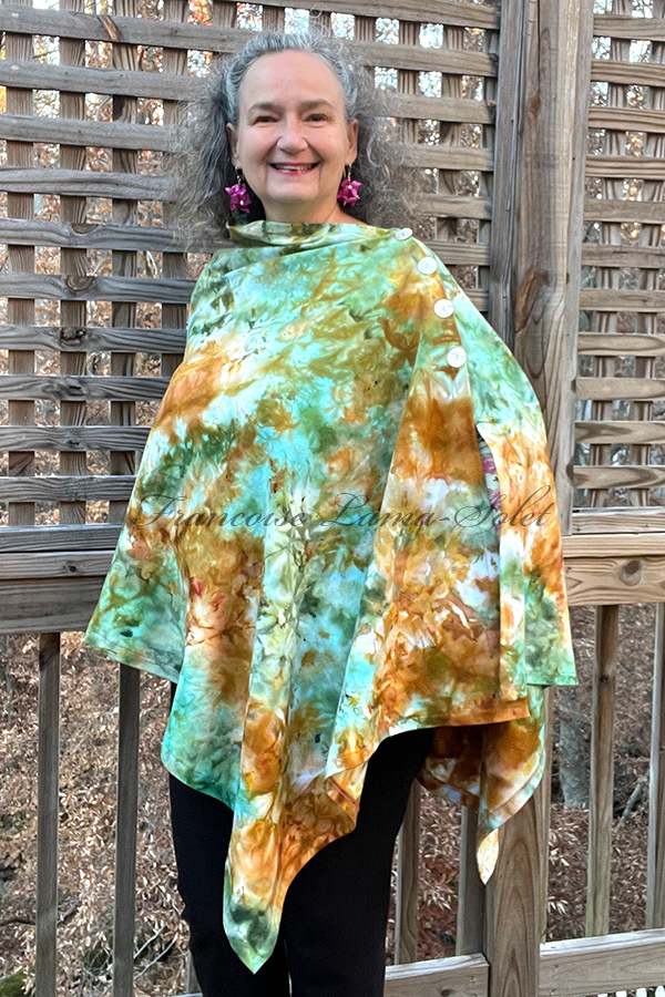 Women's hand dyed ice dyed asymmetrical poncho shawl wrap with buttons in the shades bronze, aqua and jade green - Amelia