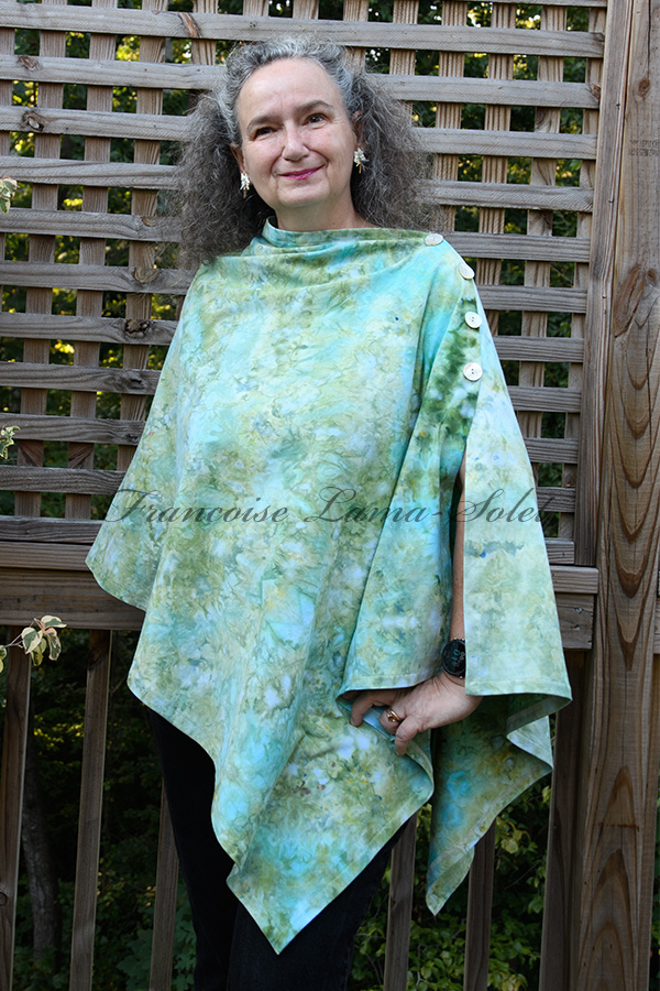 Women's hand ice dyed tie dye pastel aqua and seafoam asymmetrical poncho cape shawl with buttons - Anais