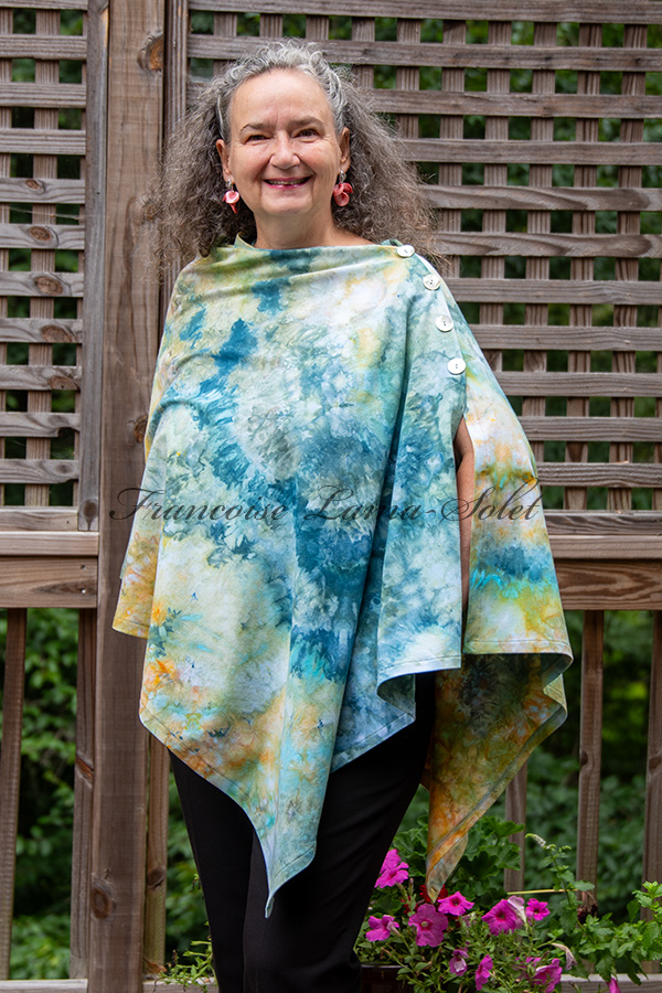 Women's hand dyed ice dyed asymmetrical poncho shawl wrap with buttons in the shades teal, green and yellow - Anna