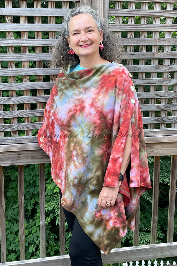 Women's hand ice dyed tie dye terracotta, green, purple and gray stylish poncho cape shawl with buttons - Autumn