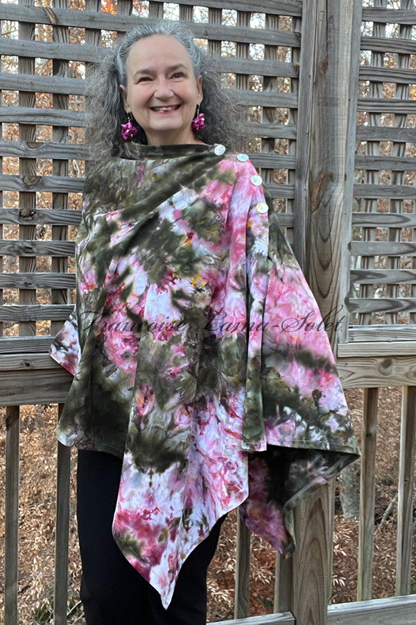 Women's hand ice dyed tie dye olive green and pink stylish poncho cape shawl with buttons - Chloe