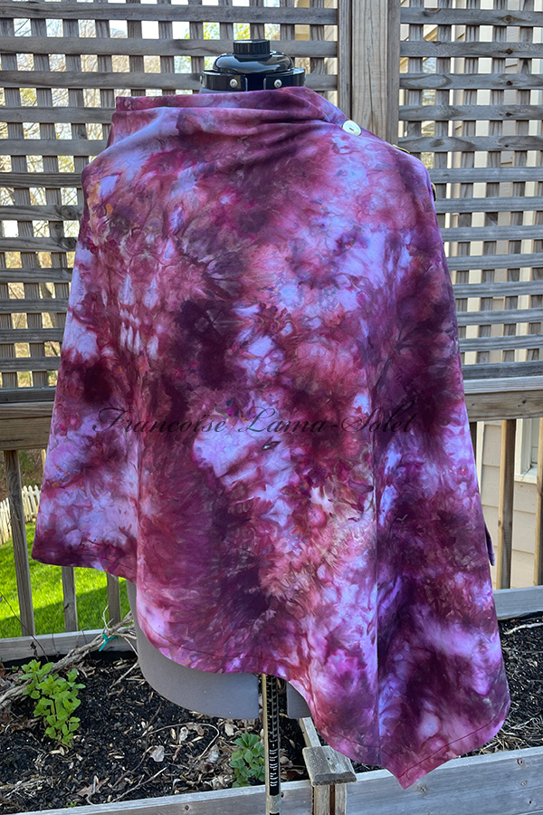 Women's hand dyed tie dye warm and cozy fall winter poncho shawl wrap with buttons in the shades purple, pink, maroon and gray - Colette