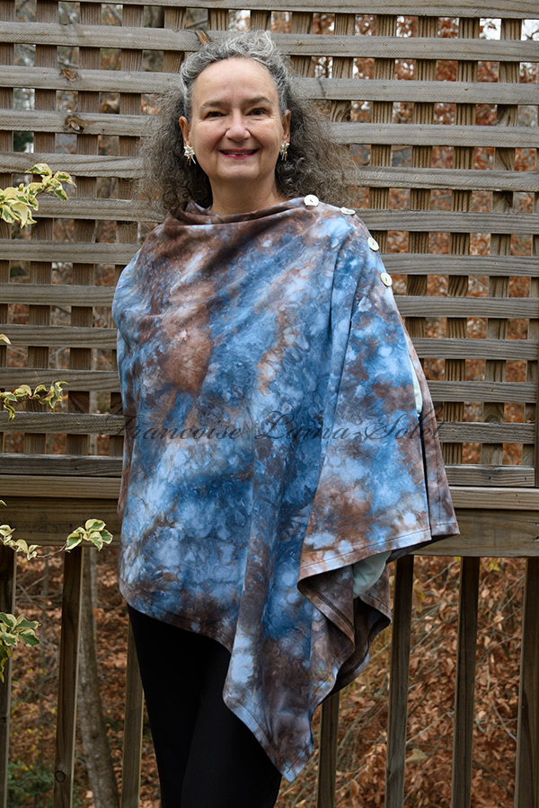 Women's hand ice dyed tie dye blue and brown stylish poncho cape with buttons - Cora