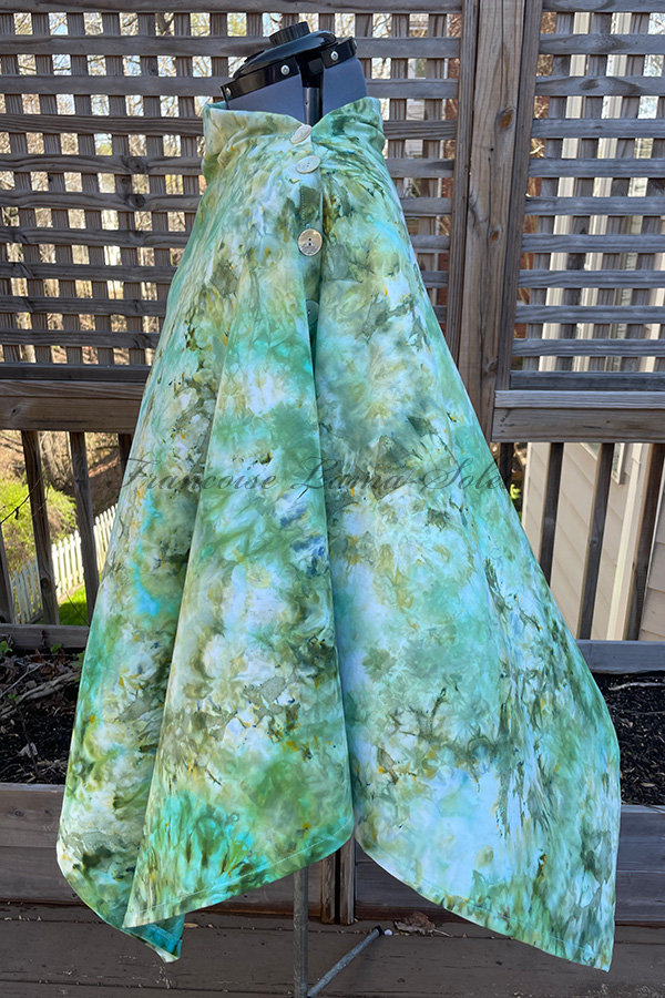Women's hand dyed ice dyed asymmetrical poncho shawl wrap with buttons in the shades aqua and green with some speckels of blue and yellow - Daphne
