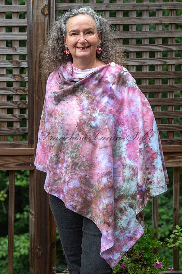 Women's pink, brown and blue hand dyed tie dye warm and cozy fall winter Button Shawl Wrap, poncho cover up - Eloise