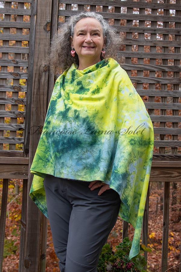 Women's hand ice dyed tie dye colorful blue, yellow and green asymmetrical poncho cape shawl with buttons - Francesca
