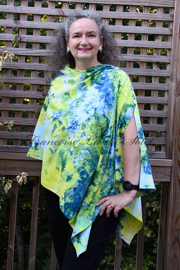 Women's hand ice dyed tie dye colorful blue, yellow and green asymmetrical poncho cape shawl with buttons - Happy Days