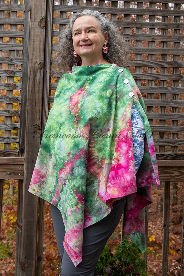 Women's hand dyed ice dyed asymmetrical poncho shawl wrap with buttons in the shades jade green, aqua, pink and lavender - Jardin de Roses