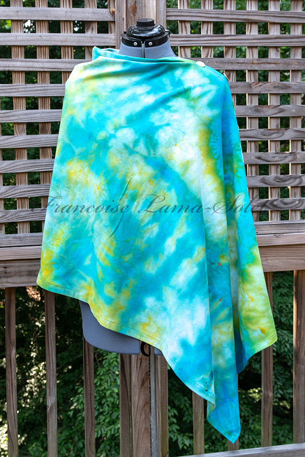 Women's hand ice dyed tie dye turquoise, lime green and yellow stylish poncho cape shawl with buttons - Lagoon