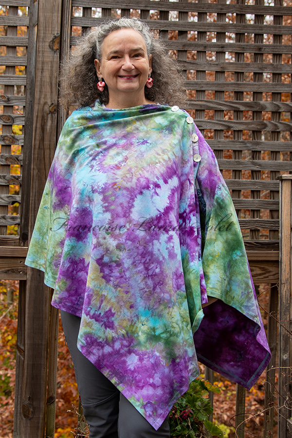 Women's lavender and green hand dyed tie dye warm and cozy fall winter button shawl wrap, poncho cover up - Lavender Field