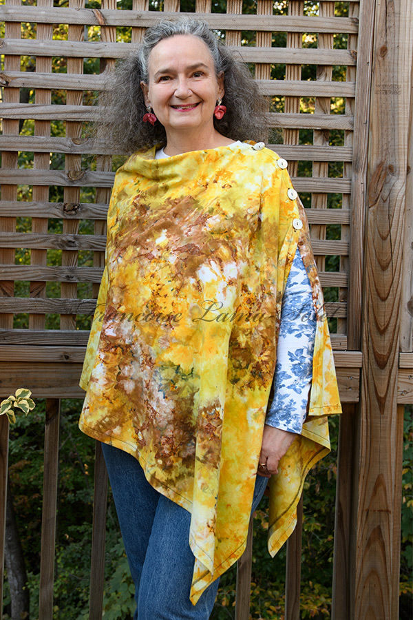 Women's hand ice dyed tie dye colorful yellow mustard and mocha brown asymmetrical poncho cape shawl with buttons - Mustard