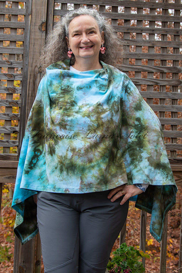 Women's hand dyed ice dyed asymmetrical poncho shawl wrap in the shades olive green, aqua, brown and grey - Noemie