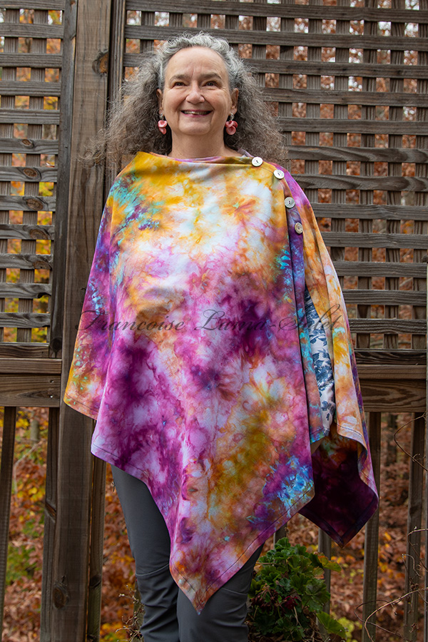 Women's hand dyed tie dye warm and cozy fall winter poncho shawl wrap with buttons in the shades hot pink, yellow, turquoise, orange, purple - Rainbow