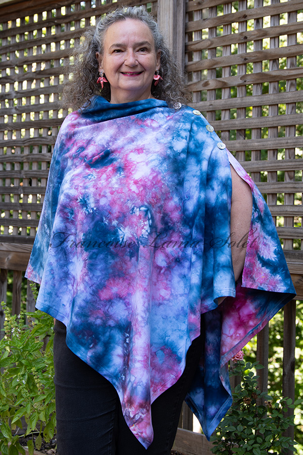 Women's hand dyed ice dyed asymmetrical poncho shawl wrap in the shades olive green, aqua, brown and grey - Roseline
