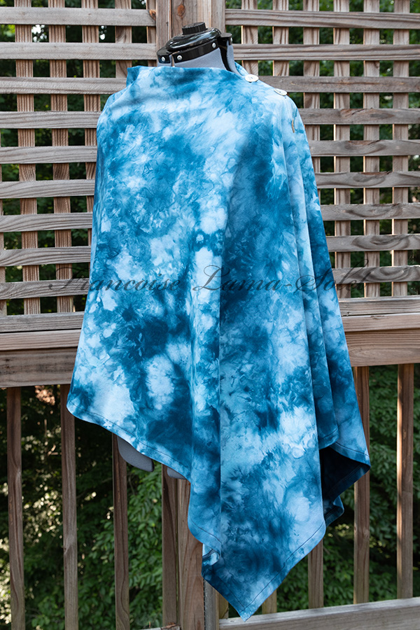 Women's hand ice dyed tie dye blue stylish poncho cape shawl with buttons - Shades of Blue